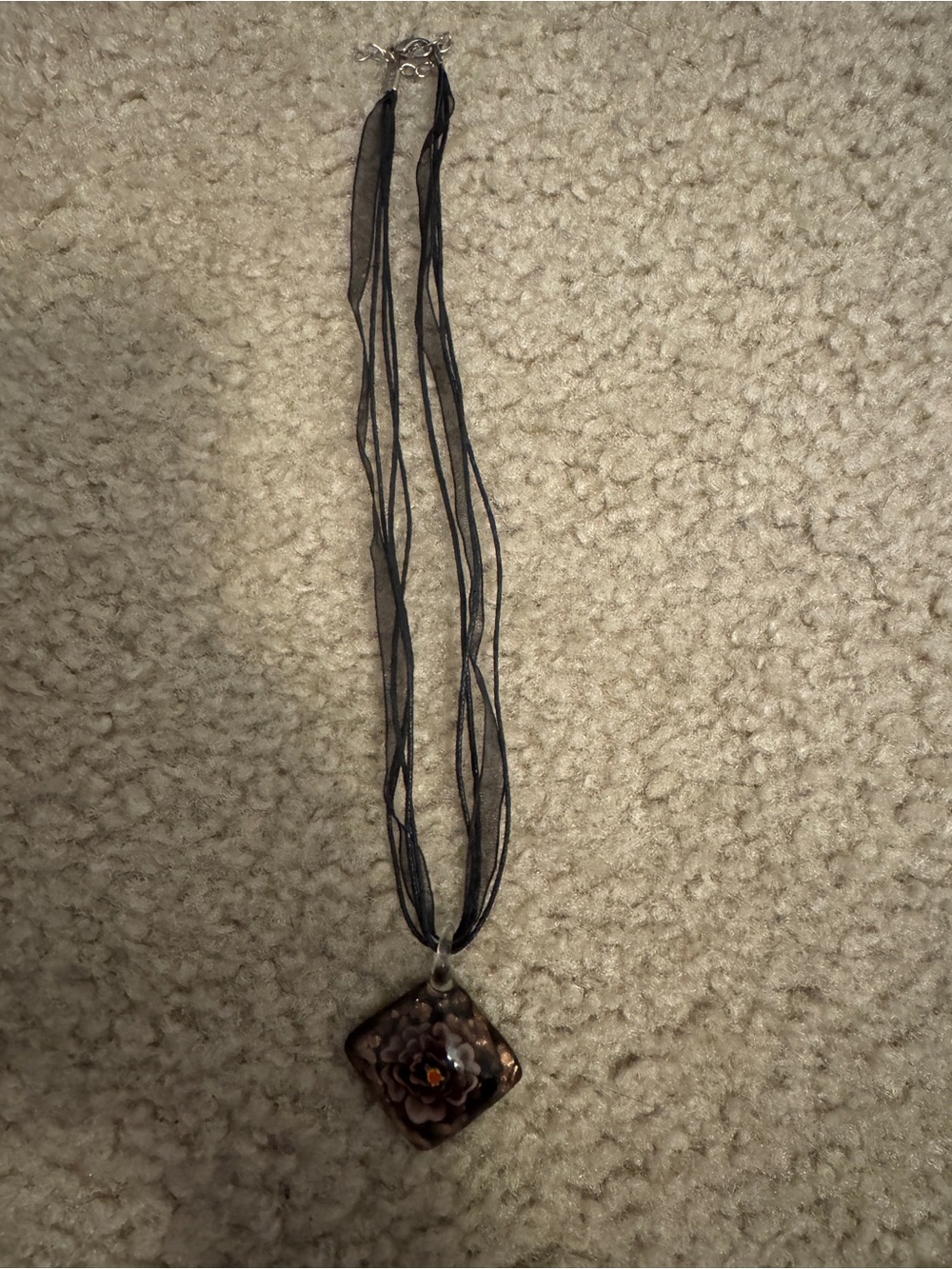 Black Multi-Strand Necklace with Floral Glass Pendant